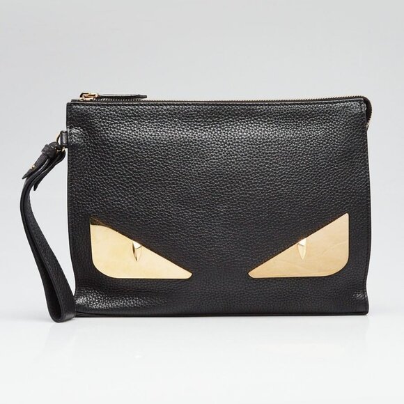 Fendi Black Pebbled Leather Monster Eyes Wristlet Bag 7VA491 - Picture 1 of 10